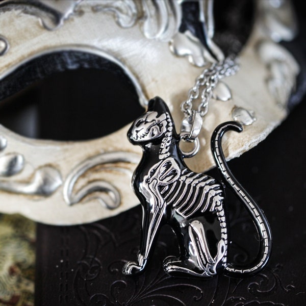 Controse Cat Necklace, Black cat necklace, Skeleton cat necklace, Feral Bone Necklace Pendant,  Silver Tone,