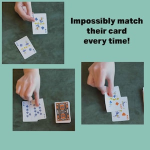Puede incluir: Demostración de un truco de cartas con naipes. La imagen muestra manos manipulando cartas, con el texto "Impossibly match their card every time!". Las cartas tienen un diseño de dibujos animados.