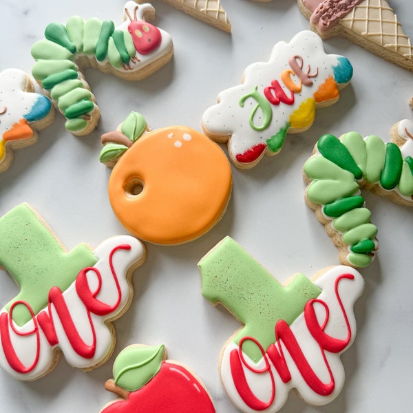 The Very Hungry Caterpillar Custom Cookies | The Hungry Caterpillar Sugar Cookies | Ice Cream and Fruits Sugar Cookies