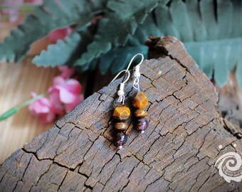 Tiger’s Eye and Garnet Bead Dangle Healing Stone Earrings for Passion and Courage