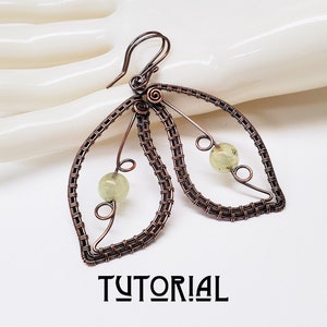 May include: Copper wire earrings with a leaf design and two green stones. The earrings are handmade and have a delicate, intricate design.  The word "TUTORIAL" is written in black letters at the bottom of the image.