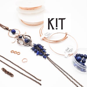 May include: A copper wire jewellery making kit with blue lapis lazuli beads, a copper pendant, and copper chain. The kit includes a variety of copper wire gauges, jump rings, and clasps. The kit is labelled "KIT".