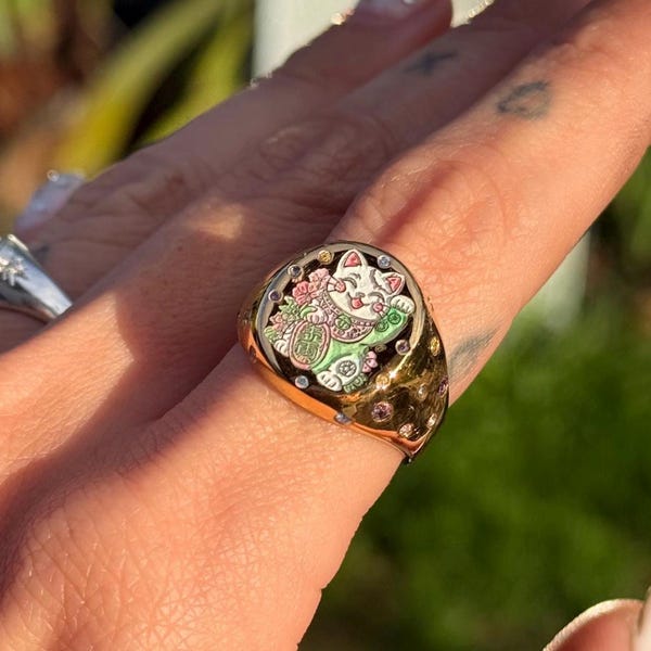 Hand Painted Lucky Cat Sterling Silver Signet Ring – Enamel Maneki Neko, Good Luck Jewelry