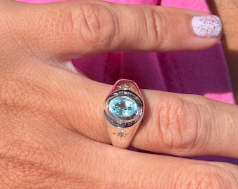 Sterling Silver Blue Topaz Signet Ring – Moissanite Star Accents, Celestial Engraved Statement