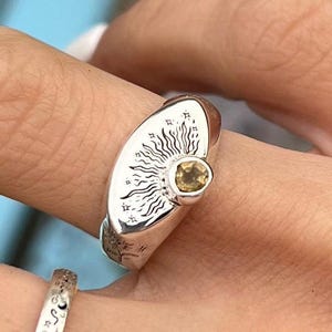 Sunshine citrine 925 sterling silver ring , gemstone sun and sunflower ring