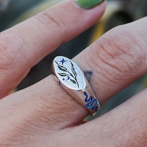 Daphne leafs with snakes and moon & star handmade colored 925 sterling silver signet ring ,christmas gift ideas