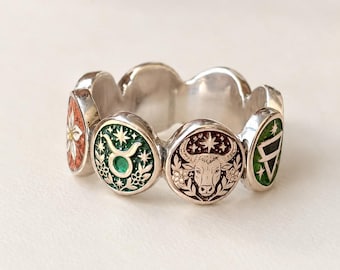 Sterling Silver Taurus Enamel Ring, Hand-Painted Zodiac Symbol Jewelry