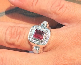 Handmade Sterling Silver Wine Red Tourmaline Opal Moissanite Ring – Architectural Statement Piece