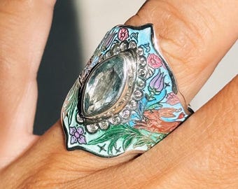 Enamel Aquamarine Shield Ring, Turkish Garden Hare Motifs tiles , Sterling Silver Statement Jewelry