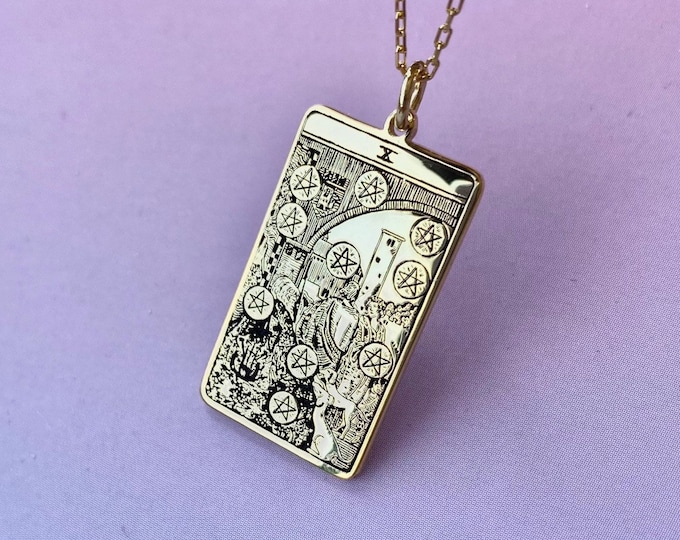 14k Solid Gold Ten of Pentacles Tarot Necklace , 14k Solid Gold Tarot