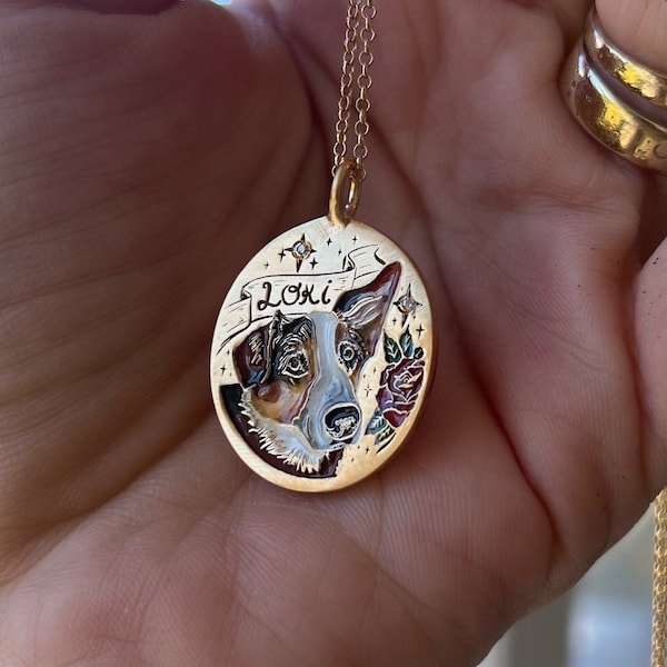 Custom design Oval pet portrait colorised handpainted 925 sterling silver necklace, birth flower necklace