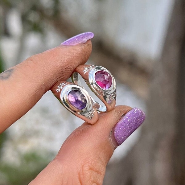 Spezial Schliff facettierte Edelsteine mit winzigen Zirkone 925 Sterling Silber Ring, Amethyst und Rubin Ring