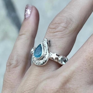 Celestial Aquamarine Ring, Sterling Silver Star Ring, Teardrop Cut Gemstone, Lunar Dream Collection,blue topaz ring,  Handmade Gift for Her