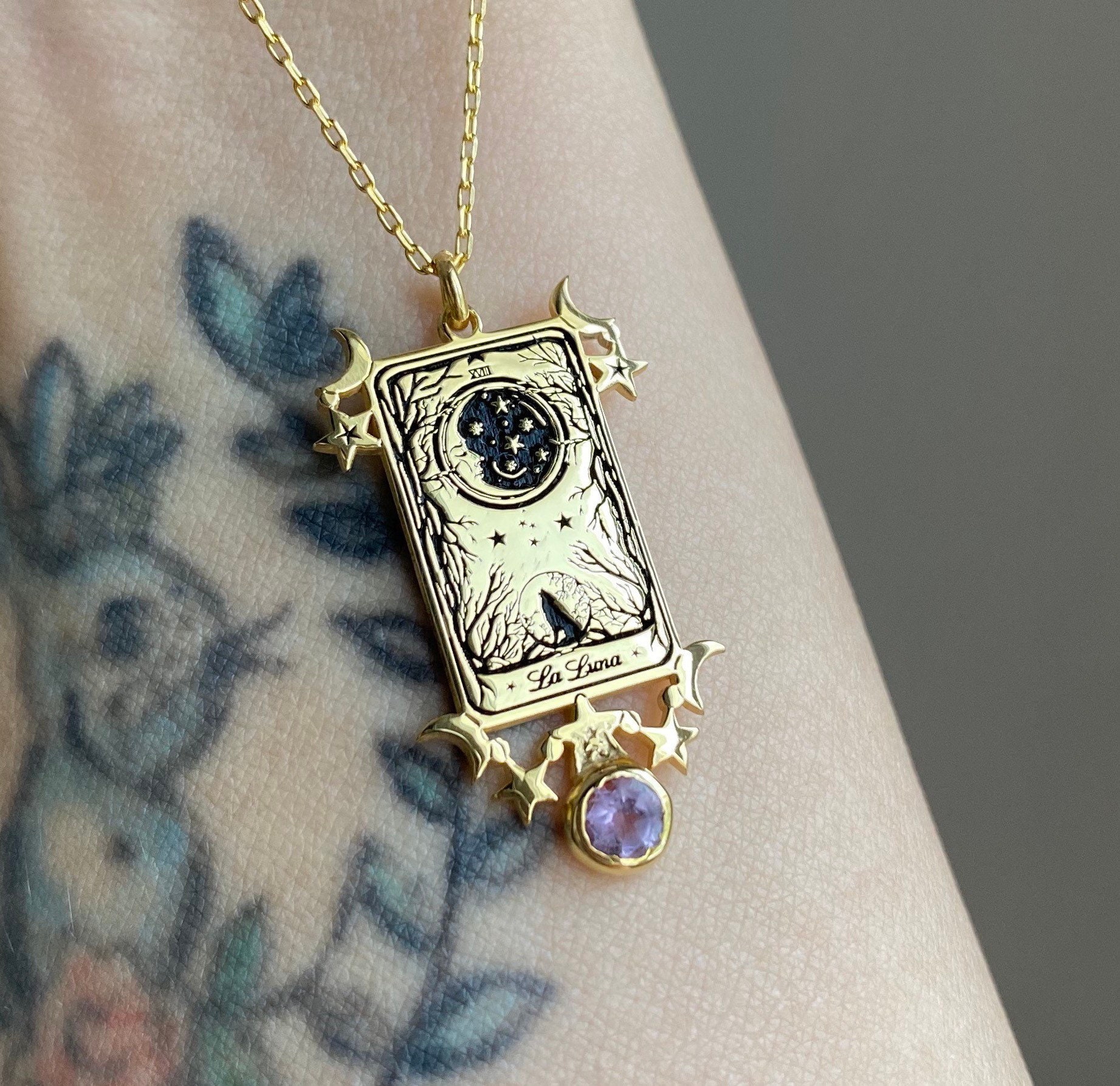 Tiny La luna ( Linerworks design) with amethyst stone 925 silver necklace