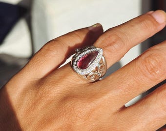 Handmade Sterling Silver Pink Tourmaline Ring, Moissanite Halo, Bow Details