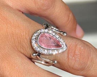 Lab Created Pink Tourmaline Pear Ring, Sterling Silver CZ Halo, Wave Band