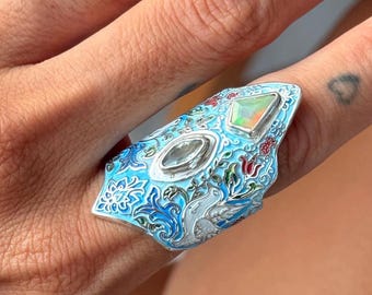 Iznik Tile Inspired Sterling Silver Ring – Opal, Aquamarine, Ottoman Floral Art