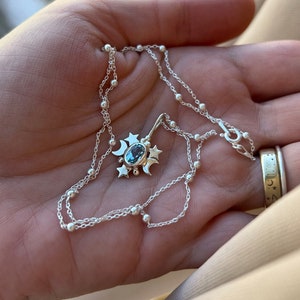 Oval faceted blue topaz celestial stars 925 sterling silver necklace