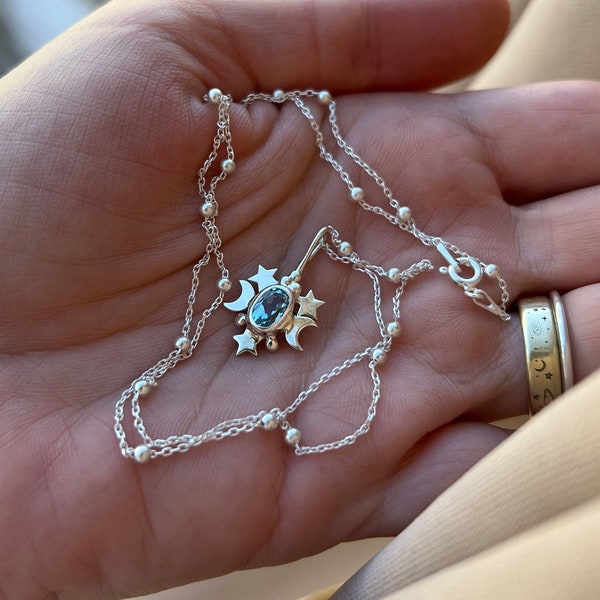 Blue topaz celestial stars 925 sterling silver necklace
