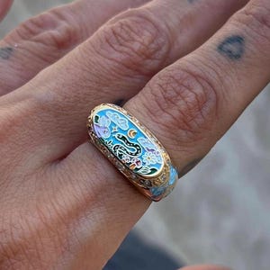 Hand-Painted Snake & Bunny Ring: 925 Silver, Zircon Accents