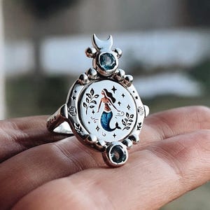 Mermaid & Moon silver flip ring with reversible handpainting enamel , ocean jewelery
