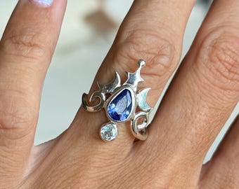 Art Nouveau Tanzanite & Aquamarine Ring, Sterling Silver Celestial Ring, Pear Cut Tanzanite, Moon and Star Jewelry, Handmade Statement Ring