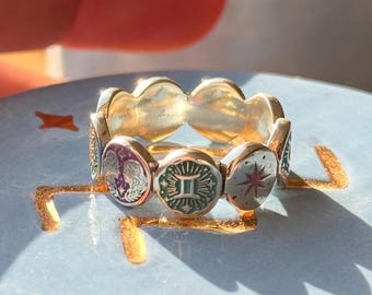 Gemini Zodiac Enamel Band | Gemini Constellation, Twin Symbol, Mercury & Daffodil  Sterling Silver Ring