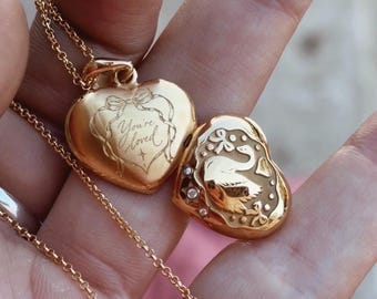 Swan Heart Locket Necklace, You're Loved Engraved Pendant, Sterling Silver or Gold Plated, Romantic Keepsake Jewelry