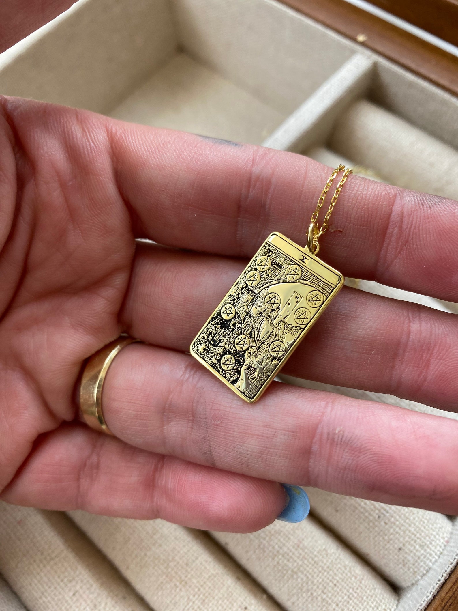 Ten Of Pentacles 14 K Solid Gold Tarot card necklace Etsy