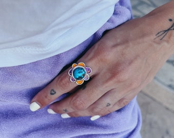 Purple & Yellow colored handmade daisy turquoise stone 925 sterling silver ring , pretty flora Linerworks collection