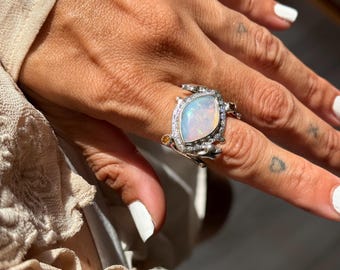Eye Shaped Opal Serpent Ring – Sterling Silver Moissanite Halo Statement Ring