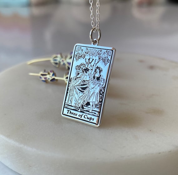 Tarot Card Necklace Three of Cups Tarot Card 925 Sterling Silver