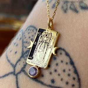 Valentine's day gift , Tarot card necklace Rider waite tarot deck High Priestess and crescent amethyst garnet moon stone sapphire citrine