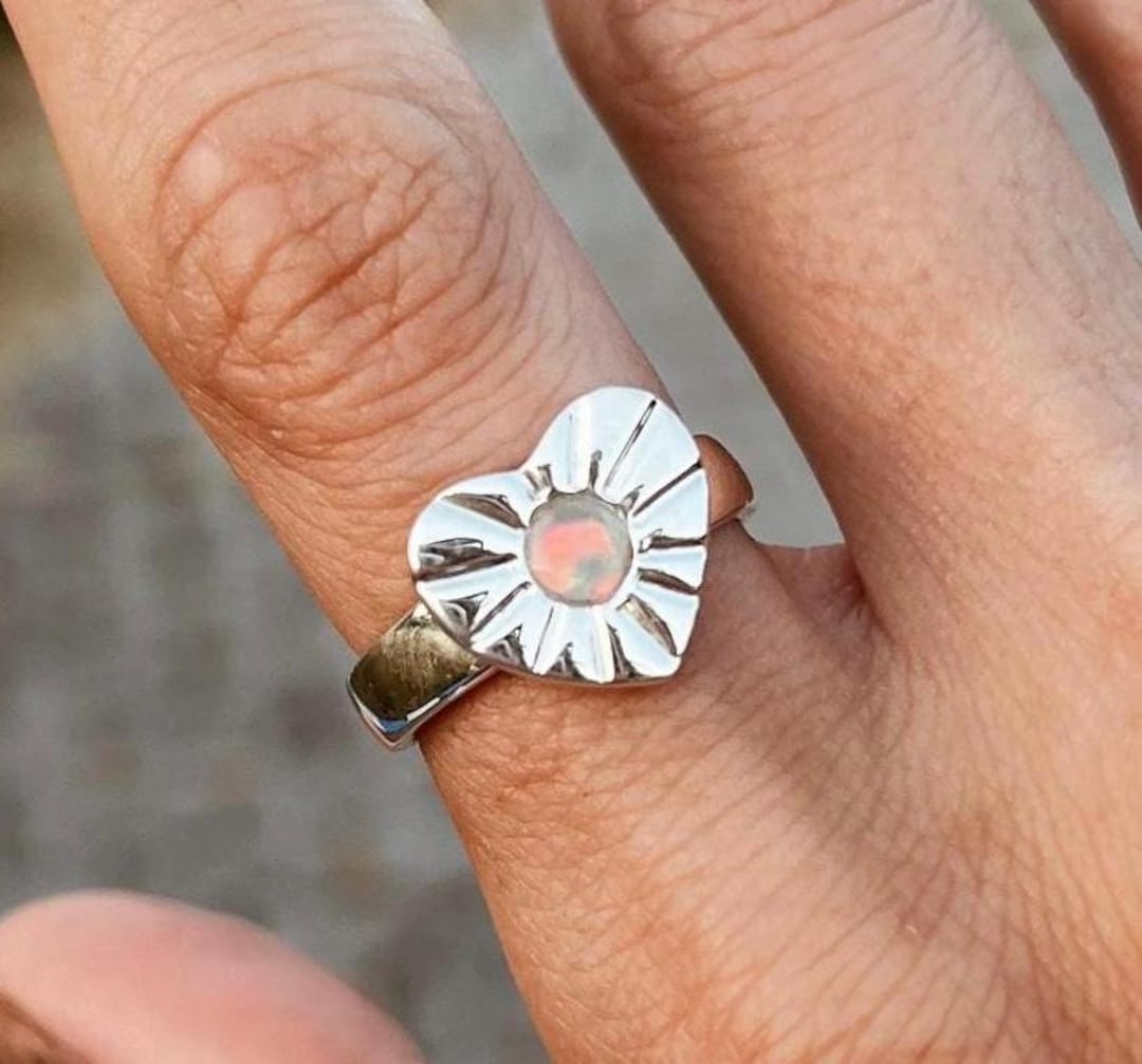 Heart-shaped Silver Ring With Ethiopian Opal – Minimal Mystic Ring