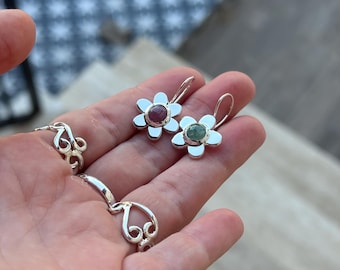Daisy Bloom Earrings – Pink & Green Tourmaline Sterling Silver Flower Earrings, Handmade Botanical Jewelry, Whimsical Floral Earrings