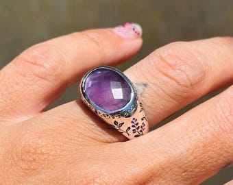 Faceted Amethyst Signet Ring, Sterling Silver Botanical Lavender Jewelry
