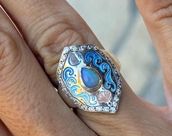 Pear Cut Opal Shield Ring, Sterling Silver Moissanite Border, Celestial Art Nouveau Statement Jewelry