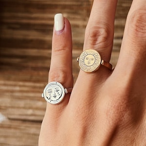Bague tournée visage lune et visage soleil, bague en argent 925 avec carte de tarot, bague en argent tournée double face, chevalière