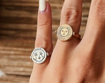 Moon and Sun Face 925 Sterling Silver Rotated Signet Ring