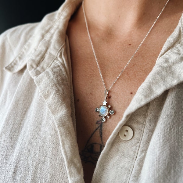 Celestial Moonstone & aquamarine stones special Linerworks design necklace  , 925 sterling silver necklace