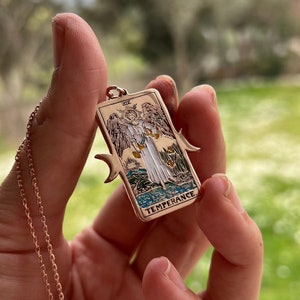 Double-sided Temperance & Magician Colorised Tarot cards 925 sterling silver necklace