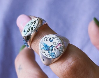 The Nightingale and The Rose Illustration engrave on sterling silver ring, special work Of Linerworks , Linerworks Fairy Tale Collection