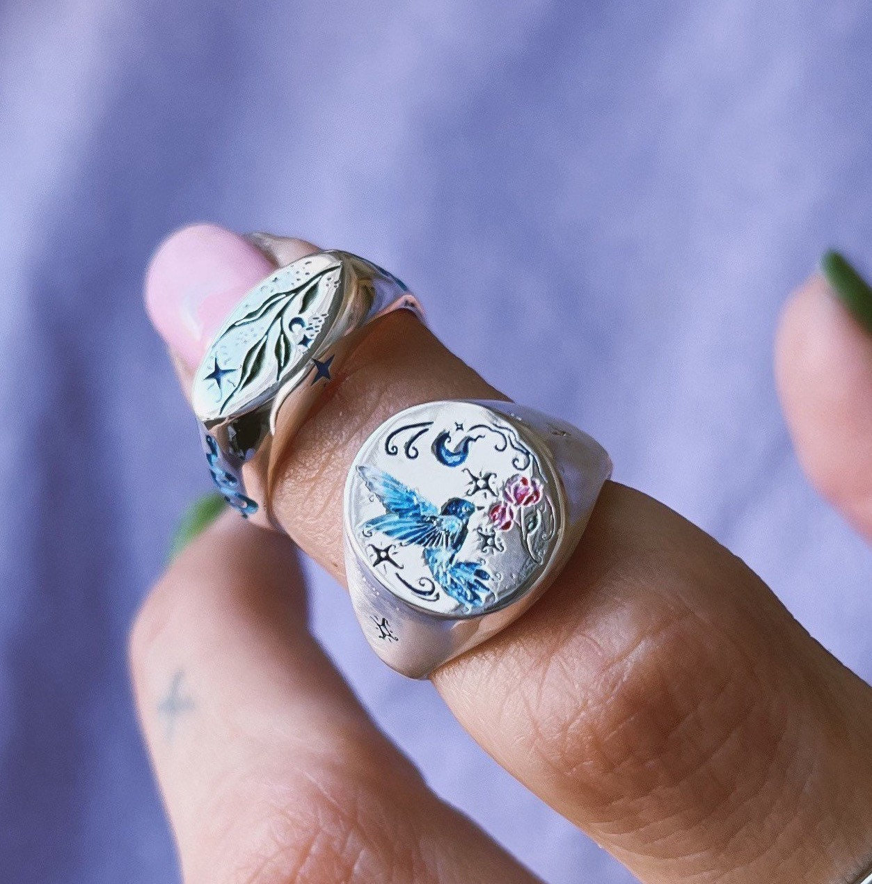 Engraved Sterling Silver Nightingale Ring: Fairy Tale Jewelry