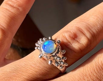 Handmade Sterling Silver Opal Ring, Coral Granulated Texture, Ocean Jewelry