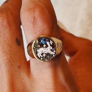 Handpainted White Rabbit Sterling Silver Signet Ring: Floral Fairy Tale