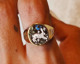Handpainted White Rabbit Sterling Silver Signet Ring: Floral Fairy Tale