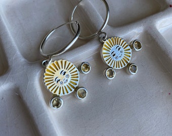 Sun face Silver Hoop Earrings with Citrine stones