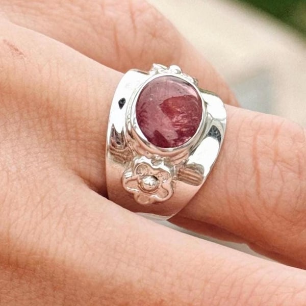 Pink Tourmaline Daisy Ring Sterling Silver Wide Band Signet Cottagecore Jewelry