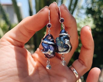 Handmade Black Baroque Pearl Snake Earrings | Sterling Silver Amethyst Aquamarine Dangle Jewelry