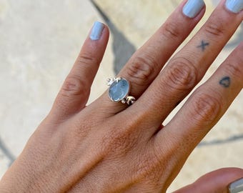 Handmade Sterling Silver Aquamarine Ring, Celestial Moon Star Design